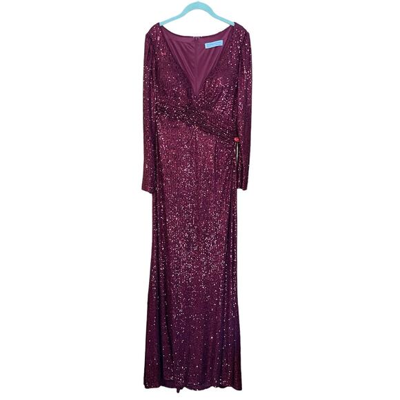 Mac Duggal Size 10 NEW Sequined Faux Wrap Long Sleeve Column Gown 26574 Wine - Picture 4 of 8